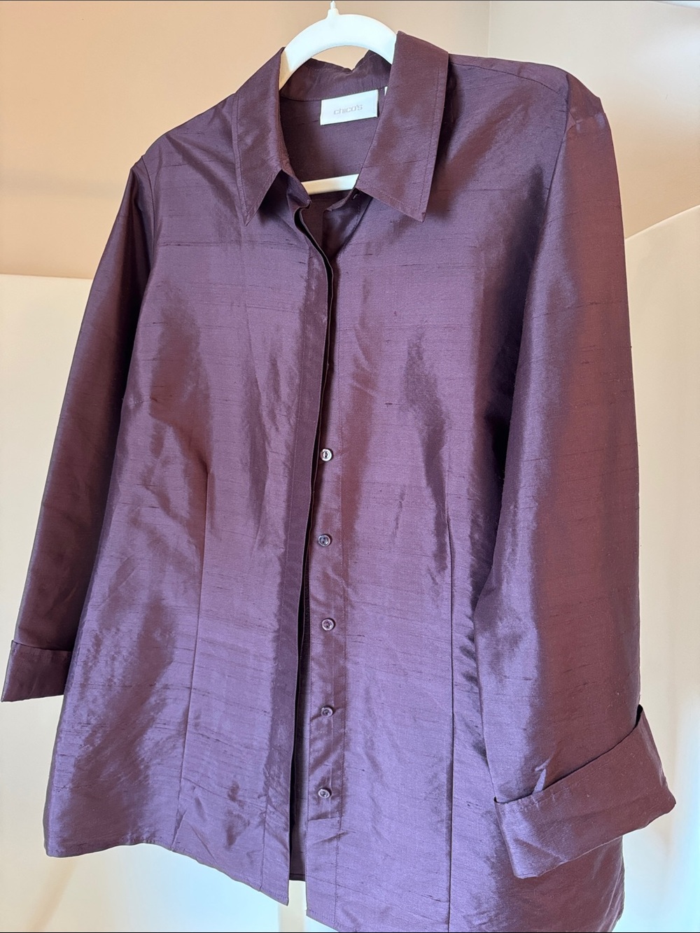 Chico's 100% Shantung Silk Tunic Top in Shimmering Fig Purple